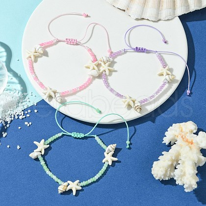 3Pcs 3 Colors Starfish & Conch Synthetic Turquoise Charm Bracelets BJEW-JB11521-1