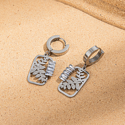 Vintage Stainless Steel Hollow Leaf Hoop Earrings TB6975-2-1