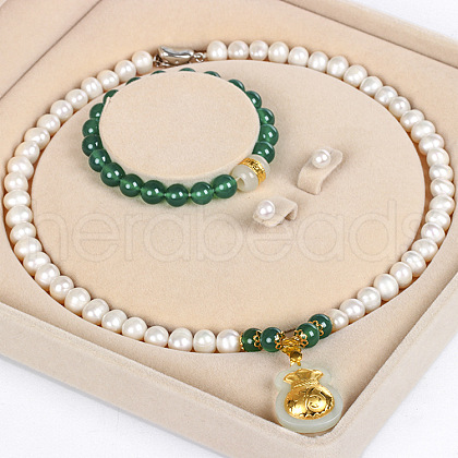 Mother's Day Jewellery Natural Freshwater Pearl Chrysoprase Beaded Necklace & Bracelets & Earrings Sets for Women WGE4EAE-24-1