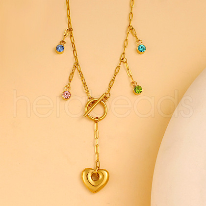 304 Stainless Steel Pave Colorful Cubic Zirconia Heart Pendant Necklaces for Women NJEW-S450-01G-1