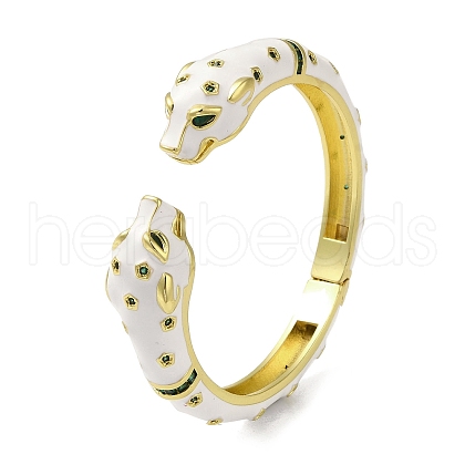 Brass Pave Green Cubic Zirconia Leopard Open Cuff Bangle for Women BJEW-K246-01G-1
