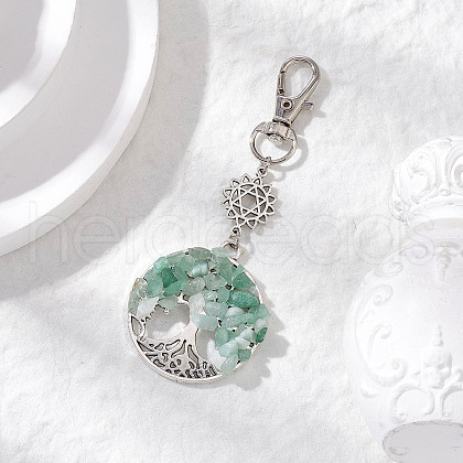 Natural Green Aventurine Chips Beads & Alloy Tree of Life Pendant Decorations HJEW-JM03128-04-1