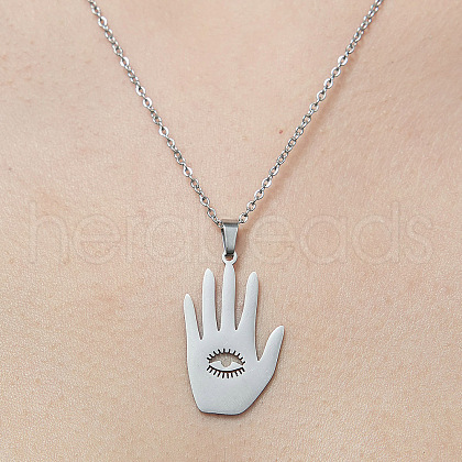 201 Stainless Steel Hollow Hamsa Hand with Eye Pendant Necklace NJEW-OY001-79-1