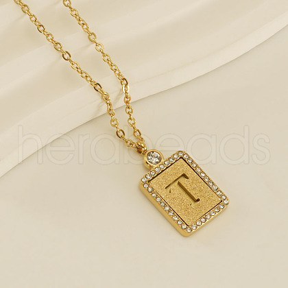 304 Stainless Steel Micro Pave Clear Cubic Zirconia Rectangle with Hollow Letter Pendant Necklaces FS-WGAE794-23-1