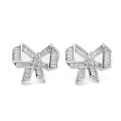 Bowknot Rack Plating Brass Cubic Zirconia Stud Earrings for Women EJEW-K245-07P-1