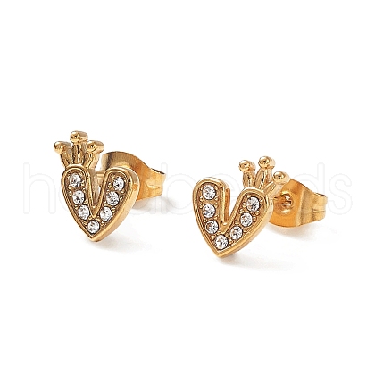 Heart with Crown 304 Stainless Steel Rhinestone Stud Earrings EJEW-A081-16G-01-1
