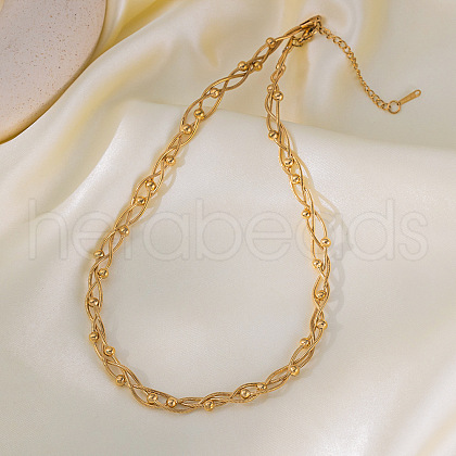 304 Stainless Steel 3 Layer Crossed Round Snake Chain Round Beads Chain Necklaces for Women FS-WG400CC-01-1