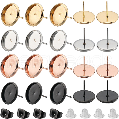 SUNNYCLUE 40Pcs 4 Color Flat Round 304 Stainless Steel Stud Earring Settings STAS-SC0006-65-1