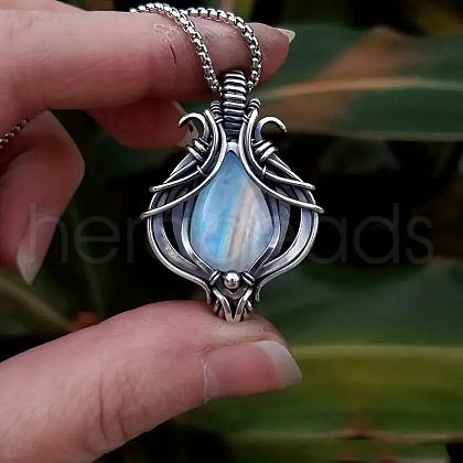 Bohemian Hollow Teardrop Alloy Pave Glass Imitation Moonstone Pendant Necklaces for Women FS-WG4BB29-01-1