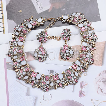 Flower Alloy Rhinestone Chain Necklaces & Stud Dangle Earrings Sets FS-WG8AADA-04-1