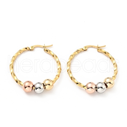 PVD Vacuum Plating 201 Stainless Steel Beaded Hoop Earrings with 316 Stainless Steel Pins for Women EJEW-F285-35-1