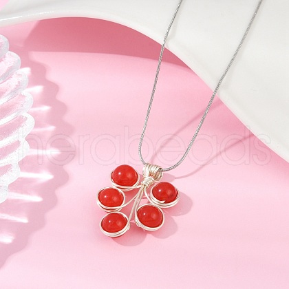 Leaf Copper Wire Wrapped Dyed Red Natural Malaysia Jade Beaded Pendant Necklaces NJEW-JN05218-02-1