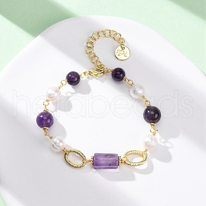 Natural Amethyst & Pearl Round Beads Link Bracelets for Women BJEW-Q039-01G-1