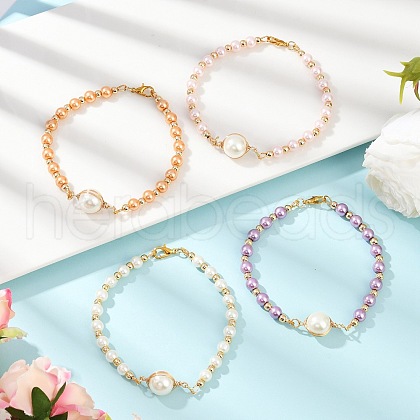 4Pcs 4 Colors Glass Pearl Round Beaded Link Bracelets for Women BJEW-JB11975-1