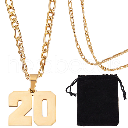 Beebeecraft 1Pc 304 Stainless Steel Figaro Chain Number Pendant Necklaces NJEW-BBC0001-28A-G-1