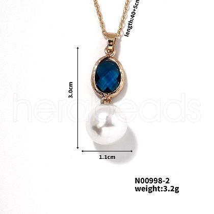 Brass Pave Rhinestone & Imitation Pearl Round Pendnat Shiny Women's Necklaces for Women NM0826-2-1