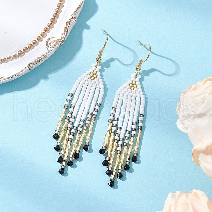 304 Stainless Steel Seed Bead Glass Tassel Dangle Earrings EJEW-MZ00432-03-1