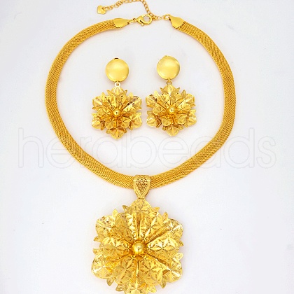 Elegant Vintage Casual Brass Flower Stud Earrings & Pendant Necklaces Set for Women IB9280-1