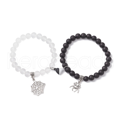 8mm Round Synthetic Black Stone & Transparent Glass Beaded Stretch Bracelet Sets BJEW-JB10471-1