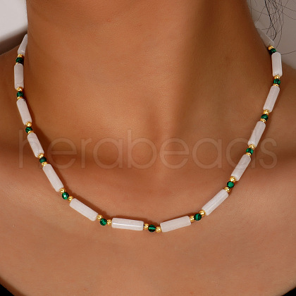 Vintage Style Synthetic Malachite Round & Natural Quartz Crystal Cuboid Beaded Necklaces VS1846-1