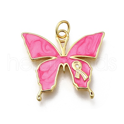 October Breast Cancer Pink Awareness Ribbon Brass Enamel Pendants KK-G525-10G-01-1