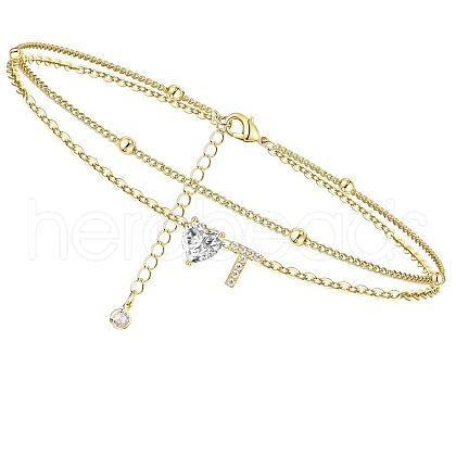Heart & Letter Brass Crystal Rhinestone Charm Double Layer Anklets FS-WG6749C-20-1