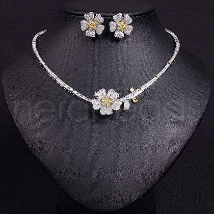 Flower Brass Micro Pave Cubic Zirconia Pendant Necklaces & Stud Earrings Sets WG63143-05-1