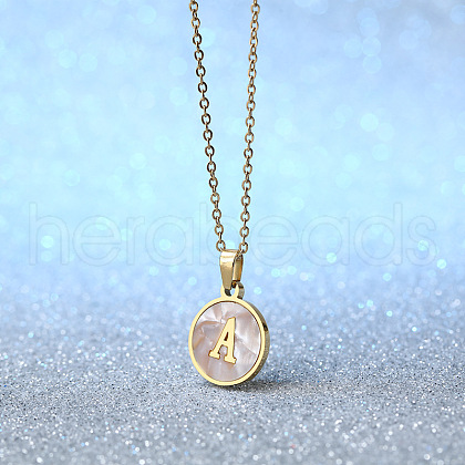 Flat Round Stainless Steel Pave Natural White Shell Initial Pendant Necklaces for Women FS-WG6FA45-01-1