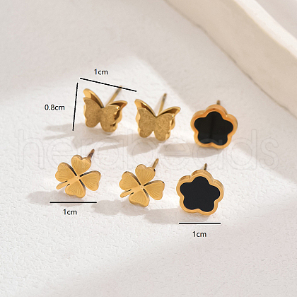 3 Pairs Fashionable Butterfly & Flower & Clover Stainless Steel Stud Earring Sets JY4608-1