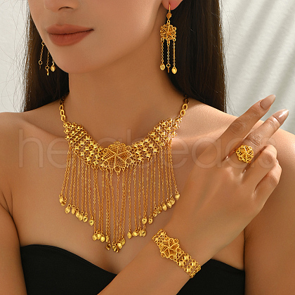 Alloy Hollow Flower Tassel Bracelets & Earrings & Necklaces & Rings Sets for Women LH7675-1