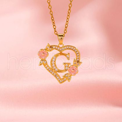 Brass Crystal Rhinestone Hollow Rose Heart with Letter Pendant Necklaces for Women WGC1928-07-1