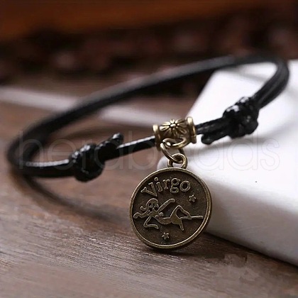 Alloy Flat Round with Constellation Charms Double Layer Black Imitation Leather Cord Adjustable Anklets WGE0879-09-1