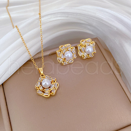 Brass Micro Pave Cubic Zirconia with Plastic Pearl Pendant Necklace & Stud Earrings WG7AC39-149-1
