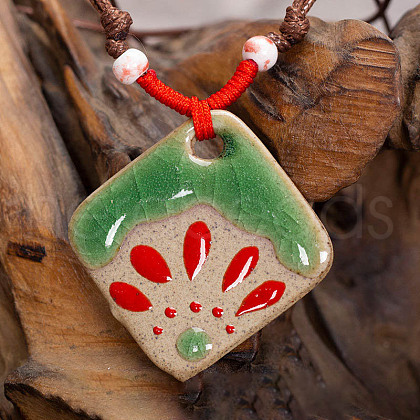 Retro Ethnic Porcelain Pendant Adjustable Polyester Cord Necklaces for Women FS-WGD020A-10-1
