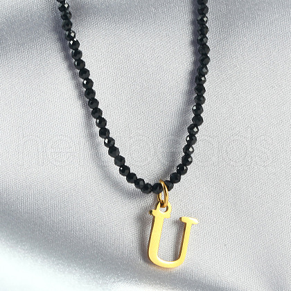 304 Stainless Steel Initial Pendant Black Glass Faceted Round Beaded Pendant Necklaces for Women FS-WGC61DE-21-1