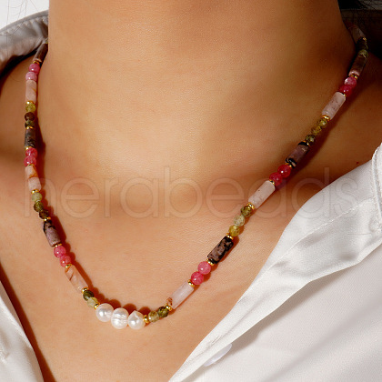 Bohemian Style Natural Rhodonite Cuboid & Pearl Beaded Necklaces ZZ6788-1