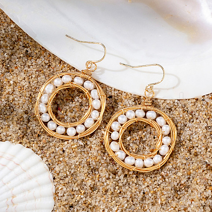 Elegant Brass Natural Freshwater Pearl Flat Round Dangle Earrings OF9331-1