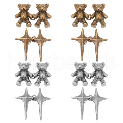 DELORIGIN 8Pcs 4 Style 4 Pointed Star & Bear Alloy Adjustable Jean Button Pins AJEW-DR0001-33-1