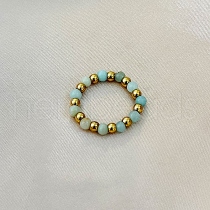201 Stainless Steel with Natural Flower Amazonite Round Beaded Stretch Finger Rings FS-WGCE9C4-05-1
