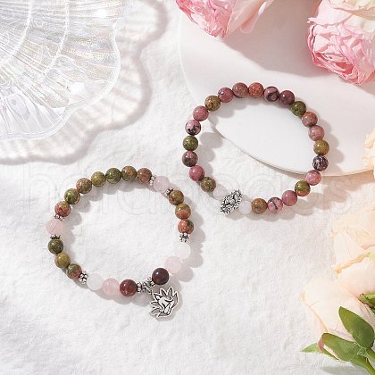 2Pcs Natural Rhodonite & Unakite & White Jade & Polychrome Jasper & Rose Quartz Round Beaded Stretch Bracelets BJEW-JB11953-1