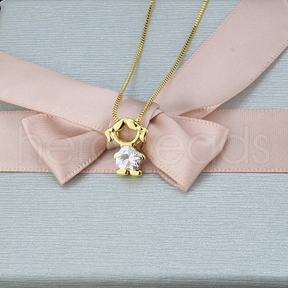 Brass Pave Heart Cubic Zirconia Girl Pendant Box Chain Necklaces FS-WGE547A-02-1