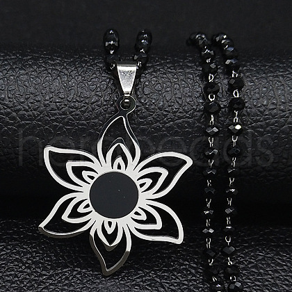 304 Stainless Steel Black Enamel Hollow Cut Flower Pendant Necklaces for Women FS-WG7A592-01-1