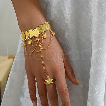 Elegant Middle Eastern Floral Brass Charm Bracelet with Coin Chains TF1222-1