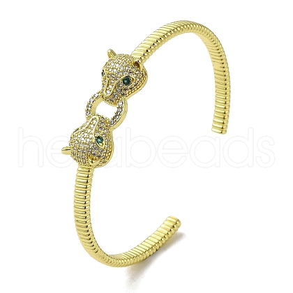 Brass Pave Clear & Green Cubic Zirconia Leopard Open Cuff Bangle for Women BJEW-K246-22B-G-1