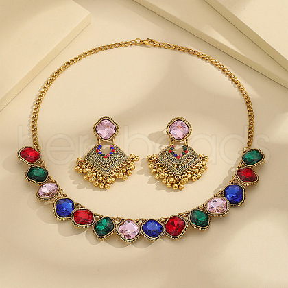 Rhombus Alloy Glass Pendant Necklaces & Stud Dangle Earrings Sets FS-WGB4838-04-1