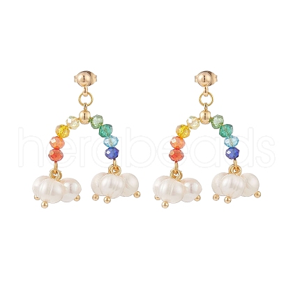 Natural Pearl & Glass Beaded Rainbow & Cloud Dangle Stud Earrings EJEW-TA00151-1