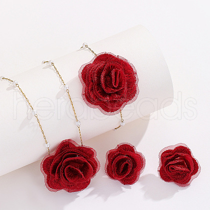 Rose Cloth & Plastic Pearl Pendant Necklaces & Charm Bracelets & Stud Earrings Sets FS-WG74528-01-1