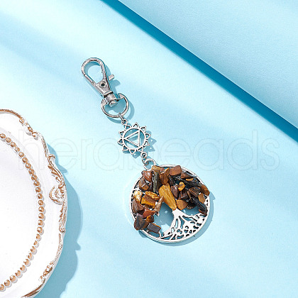Natural Tiger Eye Chips Beads & Alloy Tree of Life Pendant Decorations HJEW-JM03128-05-1