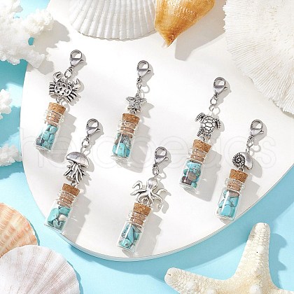 Glass Wishing Bottle  with Synthetic Turquoise Chip Beads inside Pendant Decorations HJEW-JM03043-1
