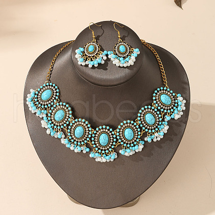 Oval Alloy & Plastic Pearl & Synthetic Turquoise Pendant Necklace & Earring FS-WGBAA8A-04-1